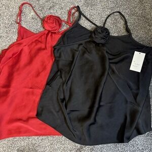 A New Day Satin Halter Top L Adjustable Removable Rosette Bundle 2 Red & Black